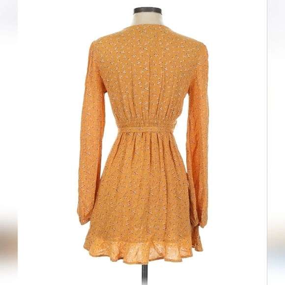 OS Mustard Yellow Faux Wrap Dress Women’s Long Sleeve Mini Dress with Tie Waist - Picture 3 of 3